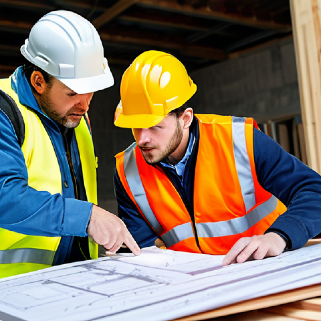 시공 현장에서의 커뮤니케이션 스킬 - Clear Instructions & Teamwork**

"Construction site, architect reviewing blueprints with constructio...