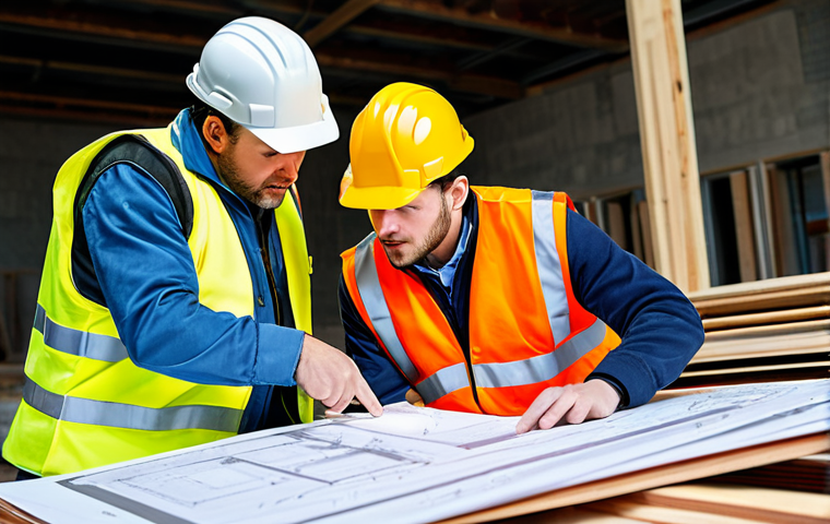 시공 현장에서의 커뮤니케이션 스킬 - Clear Instructions & Teamwork**

"Construction site, architect reviewing blueprints with constructio...