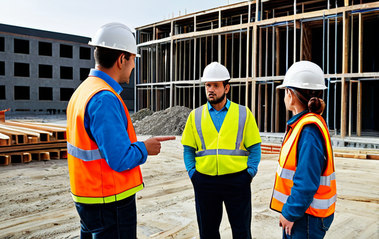 시공 현장에서의 커뮤니케이션 스킬 - Clear Instructions & Teamwork**

"Construction site, architect reviewing blueprints with constructio...