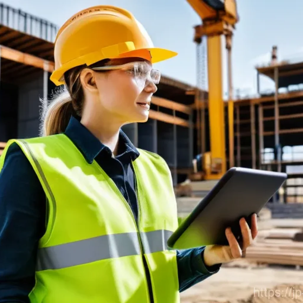 시공 전문가의 경력 관리 전략 - **Prompt:** A dynamic, brightly lit image of a bustling, futuristic construction site during the day...