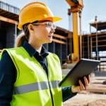 시공 전문가의 경력 관리 전략 - **Prompt:** A dynamic, brightly lit image of a bustling, futuristic construction site during the day...