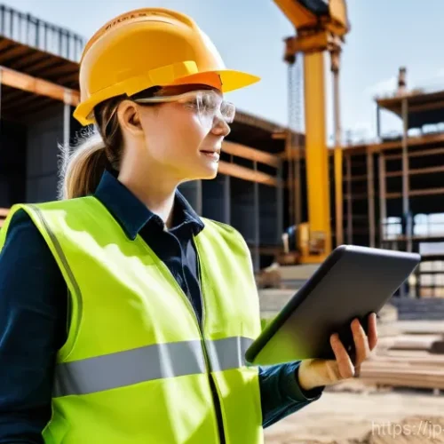 시공 전문가의 경력 관리 전략 - **Prompt:** A dynamic, brightly lit image of a bustling, futuristic construction site during the day...