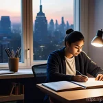 건축기사 자격증 취득 팁 - **A determined adult studying late at night in a modern, minimalistic home office.** The person, dre...