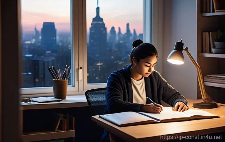 건축기사 자격증 취득 팁 - **A determined adult studying late at night in a modern, minimalistic home office.** The person, dre...