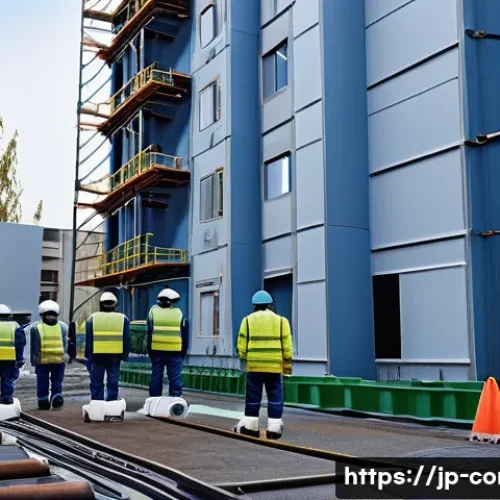 건축 시공 분야의 특허 및 기술 - A modern Japanese construction site featuring advanced automation robots actively painting walls and...
