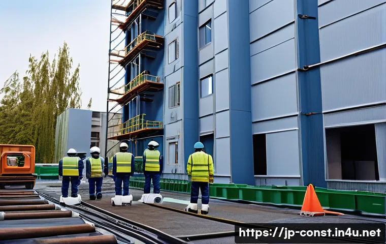 건축 시공 분야의 특허 및 기술 - A modern Japanese construction site featuring advanced automation robots actively painting walls and...