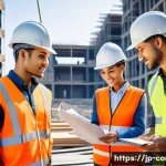 건축 시공 분야의 해외 취업 사례 - A diverse multinational construction site featuring engineers and workers from various cultural back...