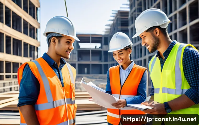 건축 시공 분야의 해외 취업 사례 - A diverse multinational construction site featuring engineers and workers from various cultural back...