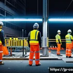 건설 현장 안전 관리 사례 - A modern Japanese construction site featuring workers wearing high-visibility fluorescent safety ves...