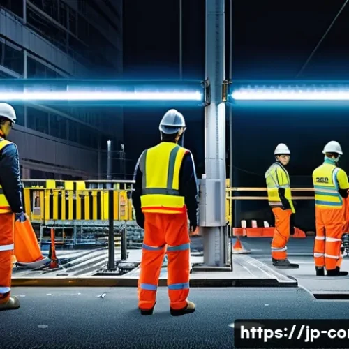 건설 현장 안전 관리 사례 - A modern Japanese construction site featuring workers wearing high-visibility fluorescent safety ves...