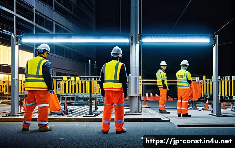 건설 현장 안전 관리 사례 - A modern Japanese construction site featuring workers wearing high-visibility fluorescent safety ves...