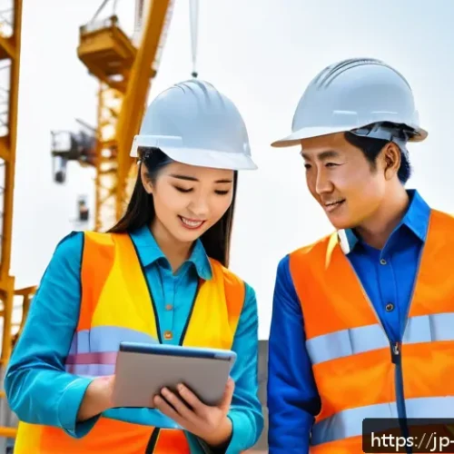 건축 시공 현장에서의 협업 문화 - A modern Japanese construction site featuring diverse workers including women, seniors, and foreign ...