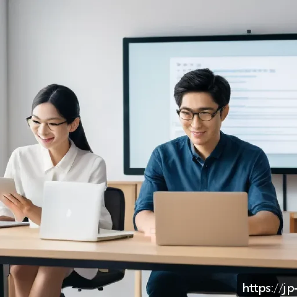 시공 현장에서의 문제 해결 능력 - A modern Japanese remote work office scene featuring a diverse group of professionals communicating ...