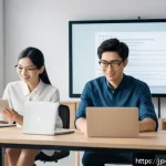 시공 현장에서의 문제 해결 능력 - A modern Japanese remote work office scene featuring a diverse group of professionals communicating ...