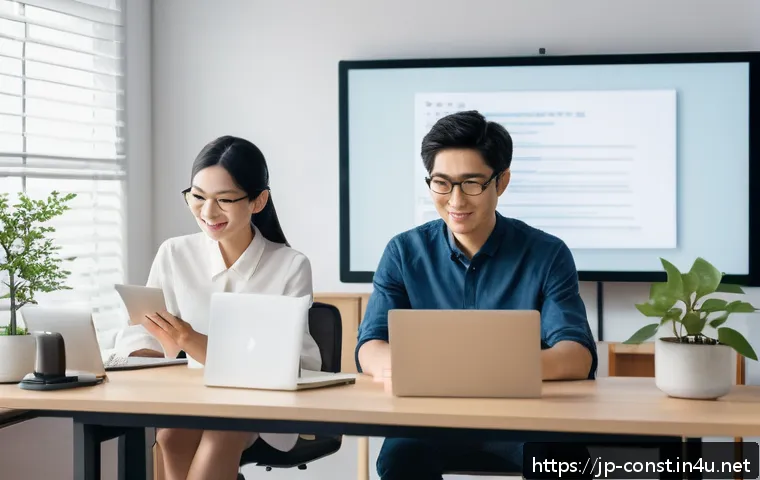 시공 현장에서의 문제 해결 능력 - A modern Japanese remote work office scene featuring a diverse group of professionals communicating ...
