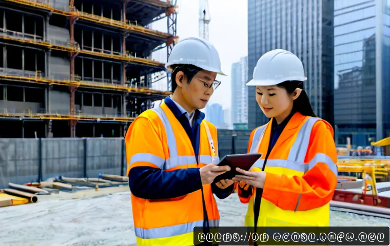 시공 전문가를 위한 업계 뉴스 요약 - Photorealistic Japanese construction professionals in clean safety helmets and workwear reviewing a ...