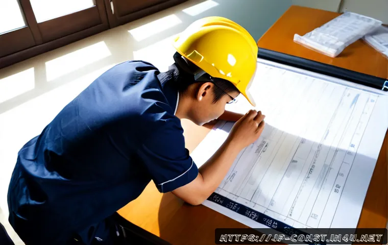 건축 시공 견적서 작성 요령 - Photorealistic Japanese construction estimator at a clean office desk, carefully reviewing a detaile...